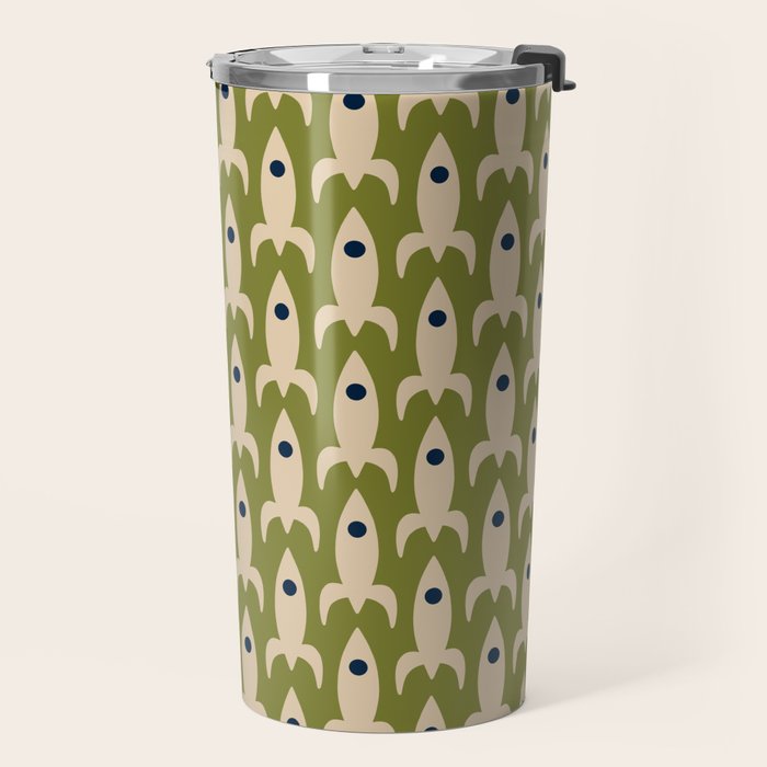 Space Age Rocket Ships - Atomic Age Mid-Century Modern Pattern in Mid Mod Beige and Olive Travel Mug Gallery Image 2