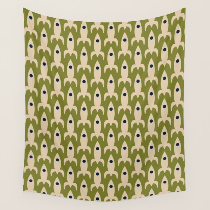 Space Age Rocket Ships - Atomic Age Mid-Century Modern Pattern in Mid Mod Beige and Olive Wall Tapestry Gallery Image 1