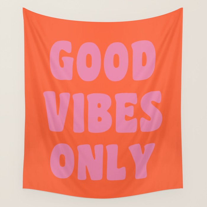 Retro Good Vibes Only Lettering in Pink and Orange Wall Tapestry Gallery Image 4
