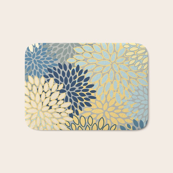 Floral Print, Yellow, Gray, Blue, Teal Bath Mat Gallery Image 1