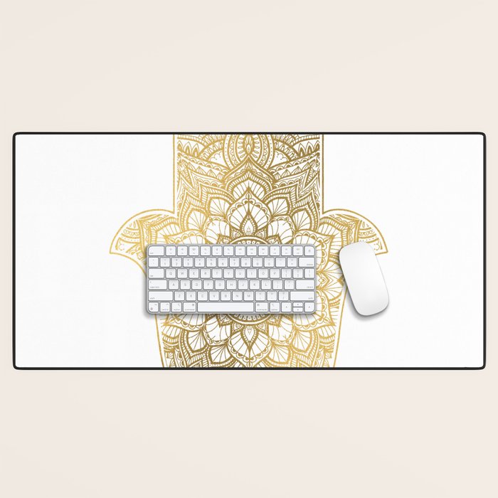 golden hamsa fatma hand and mandala on classic blue Desk Mat Gallery Image 1