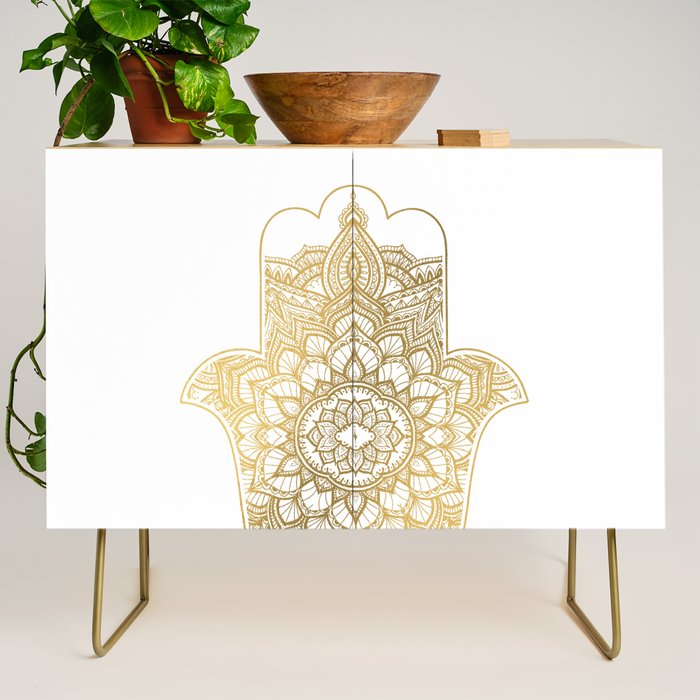 golden hamsa fatma hand and mandala on classic blue Credenza Gallery Image 1