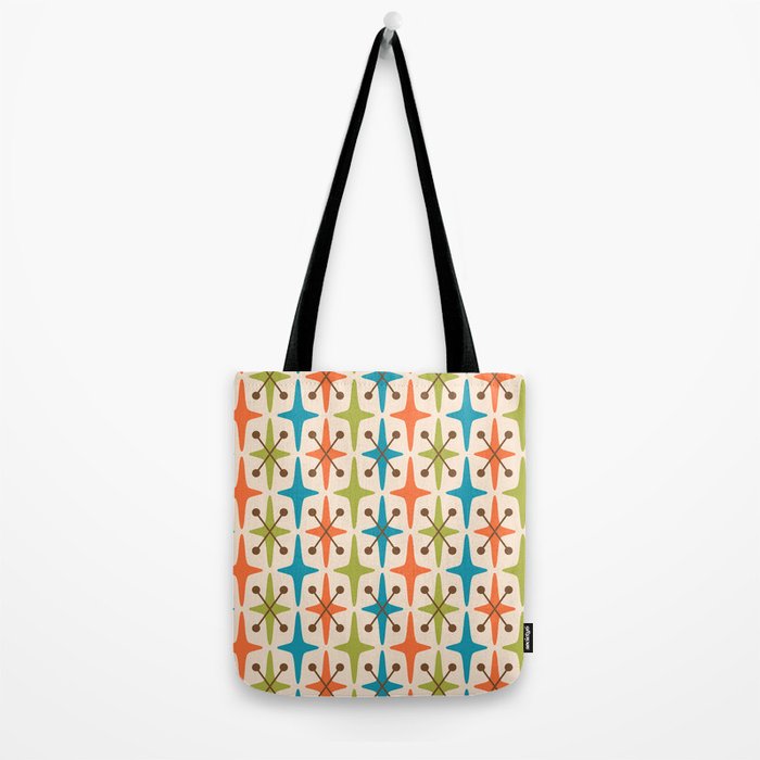 Mid Century Modern Atomic Starburst Pattern 441 Orange Brown Turquoise Chartreuse Tote Bag Gallery Image 2