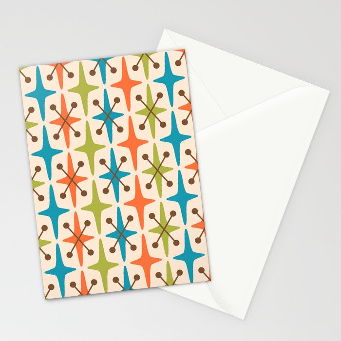 Mid Century Modern Atomic Starburst Pattern 441 Orange Brown Turquoise Chartreuse Stationery Card Gallery Image 2