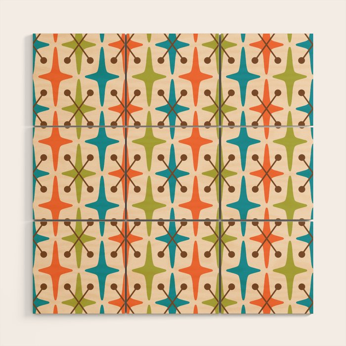 Mid Century Modern Atomic Starburst Pattern 441 Orange Brown Turquoise Chartreuse Wood Wall Art Gallery Image 1