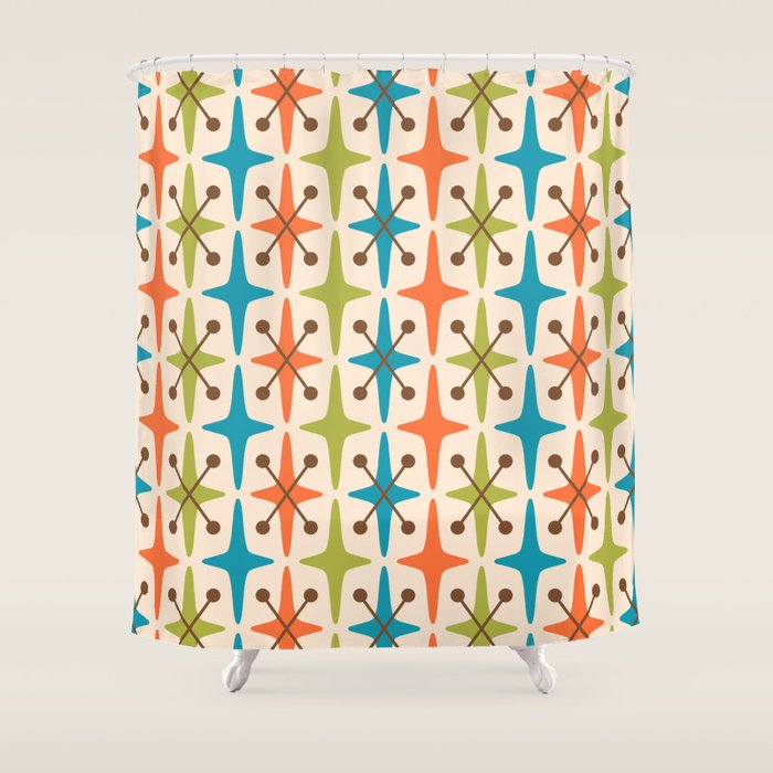 Mid Century Modern Atomic Starburst Pattern 441 Orange Brown Turquoise Chartreuse Shower Curtain Gallery Image 1