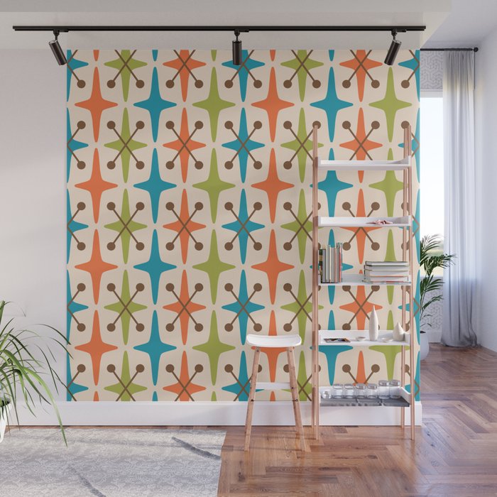 Mid Century Modern Atomic Starburst Pattern 441 Orange Brown Turquoise Chartreuse Wall Mural Gallery Image 1