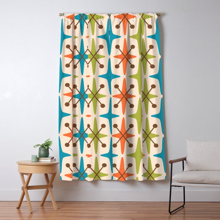 Mid Century Modern Atomic Starburst Pattern 441 Orange Brown Turquoise Chartreuse Window Curtain Gallery Image 1