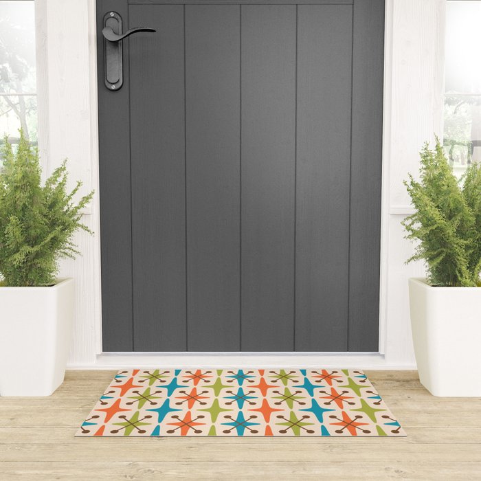 Mid Century Modern Atomic Starburst Pattern 441 Orange Brown Turquoise Chartreuse Welcome Mat Gallery Image 3