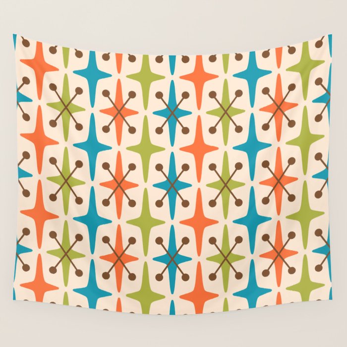 Mid Century Modern Atomic Starburst Pattern 441 Orange Brown Turquoise Chartreuse Wall Tapestry Gallery Image 4