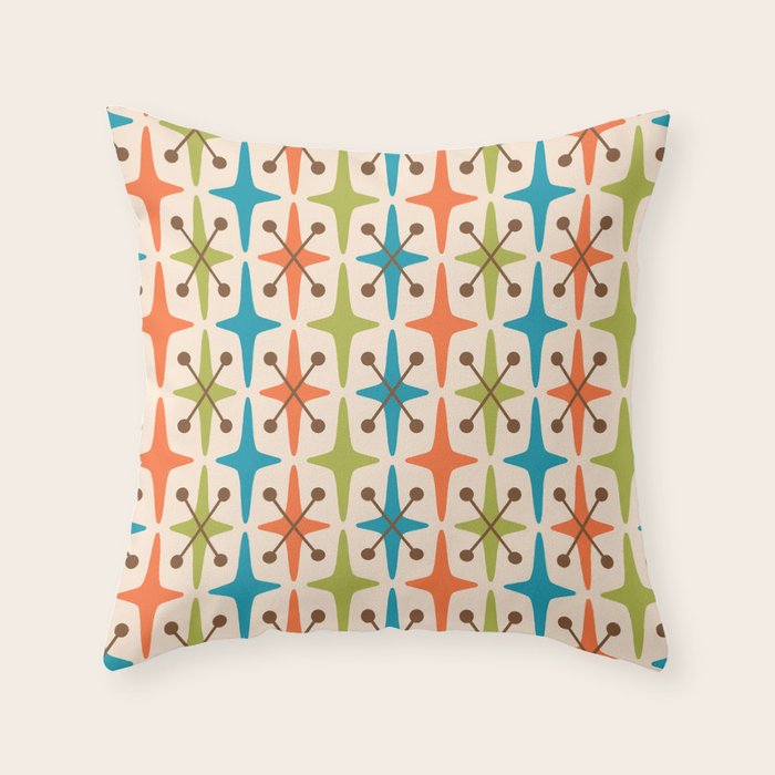 Mid Century Modern Atomic Starburst Pattern 441 Orange Brown Turquoise Chartreuse Throw Pillow Gallery Image 6