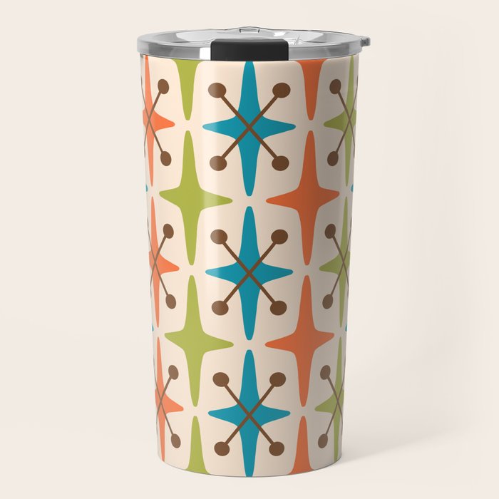 Mid Century Modern Atomic Starburst Pattern 441 Orange Brown Turquoise Chartreuse Travel Mug Gallery Image 1