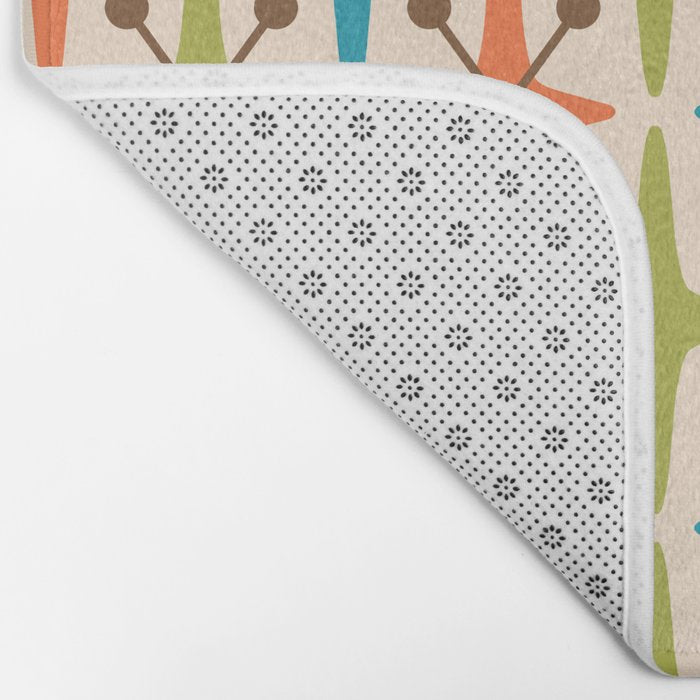 Mid Century Modern Atomic Starburst Pattern 441 Orange Brown Turquoise Chartreuse Bath Mat Gallery Image 2