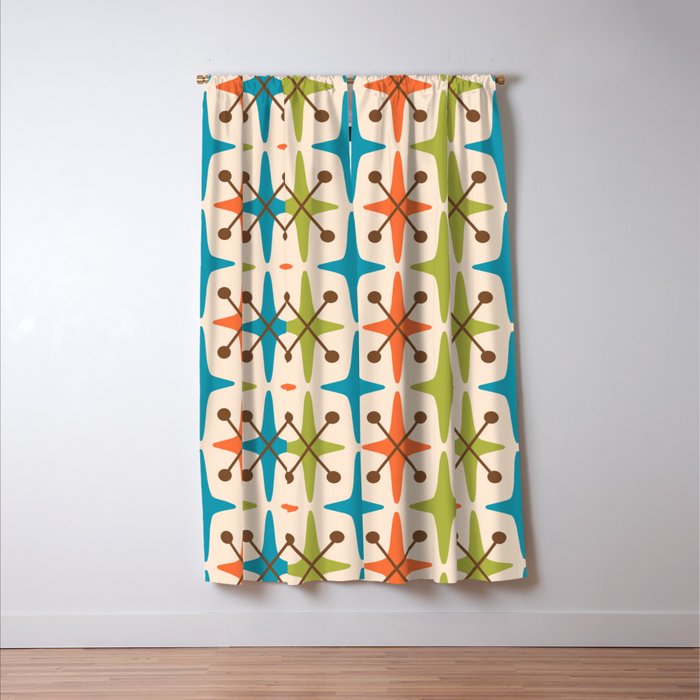 Mid Century Modern Atomic Starburst Pattern 441 Orange Brown Turquoise Chartreuse Window Curtain Gallery Image 3