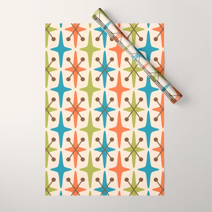 Mid Century Modern Atomic Starburst Pattern 441 Orange Brown Turquoise Chartreuse Wrapping Paper Gallery Image 1