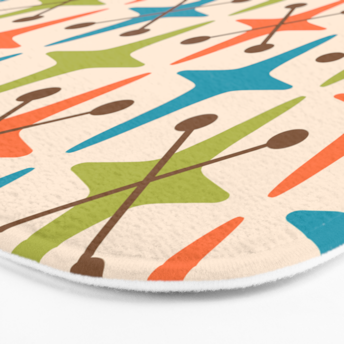 Mid Century Modern Atomic Starburst Pattern 441 Orange Brown Turquoise Chartreuse Bath Mat Gallery Image 3