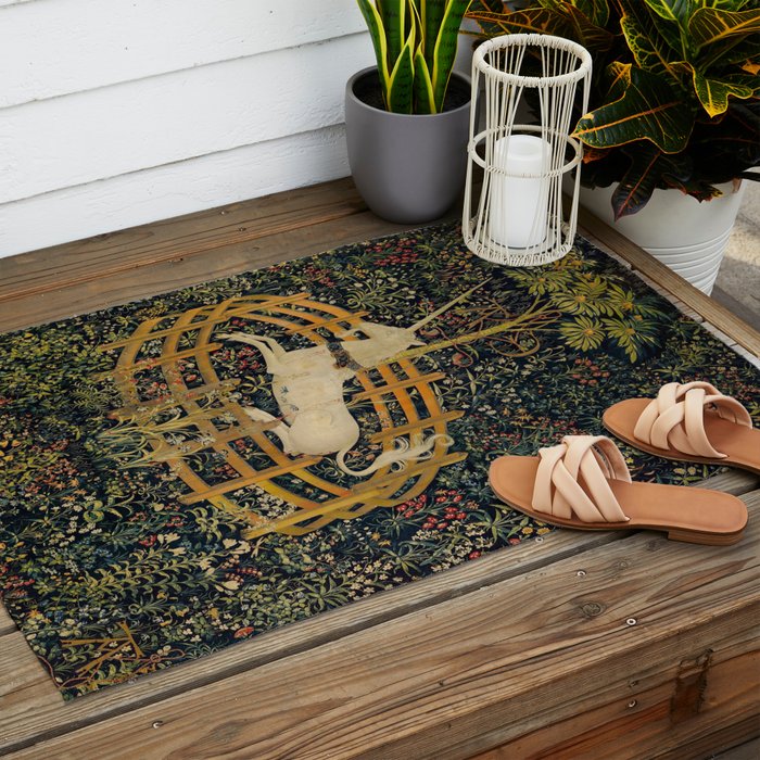 The Unicorn Rests in a Garden from the Unicorn Tapestries Outdoor Rug Gallery Image 2