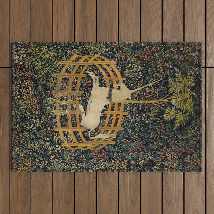The Unicorn Rests in a Garden from the Unicorn Tapestries Outdoor Rug Gallery Image 1