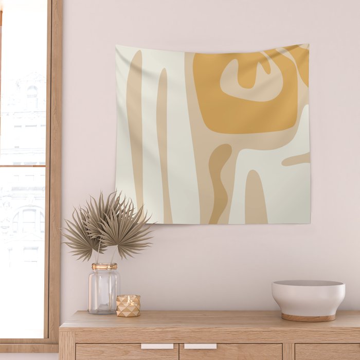 Mid Century Modern Abstract Kwaito Pattern in Muted Mustard Gold and Neutral Beige Wall Tapestry Gallery Image 2