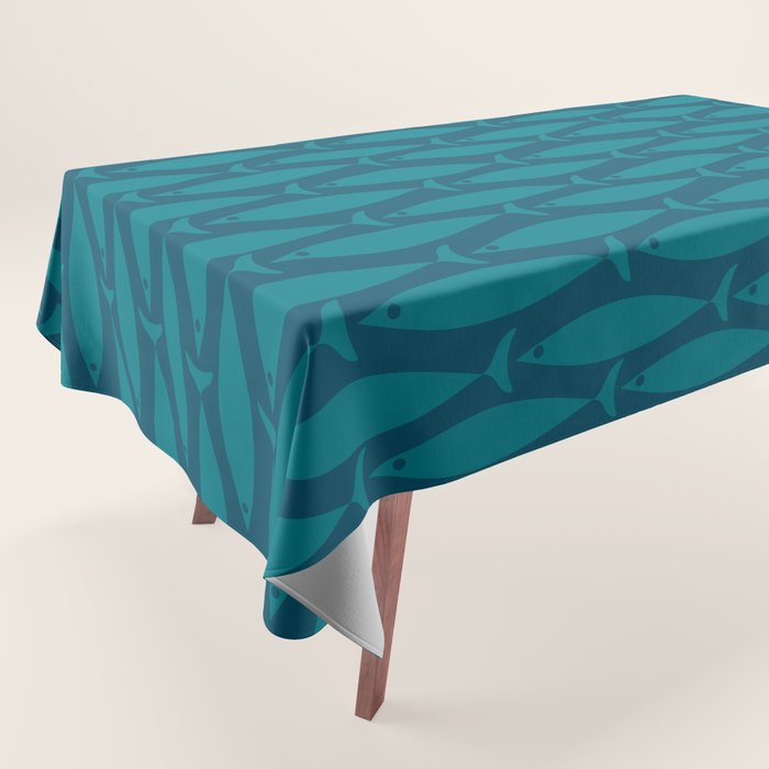 Mid Century Modern Fish Minimalist Geo Pattern in Teal Blue Tablecloth Gallery Image 1