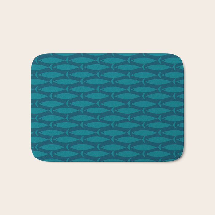 Mid Century Modern Fish Minimalist Geo Pattern in Teal Blue Bath Mat Gallery Image 1