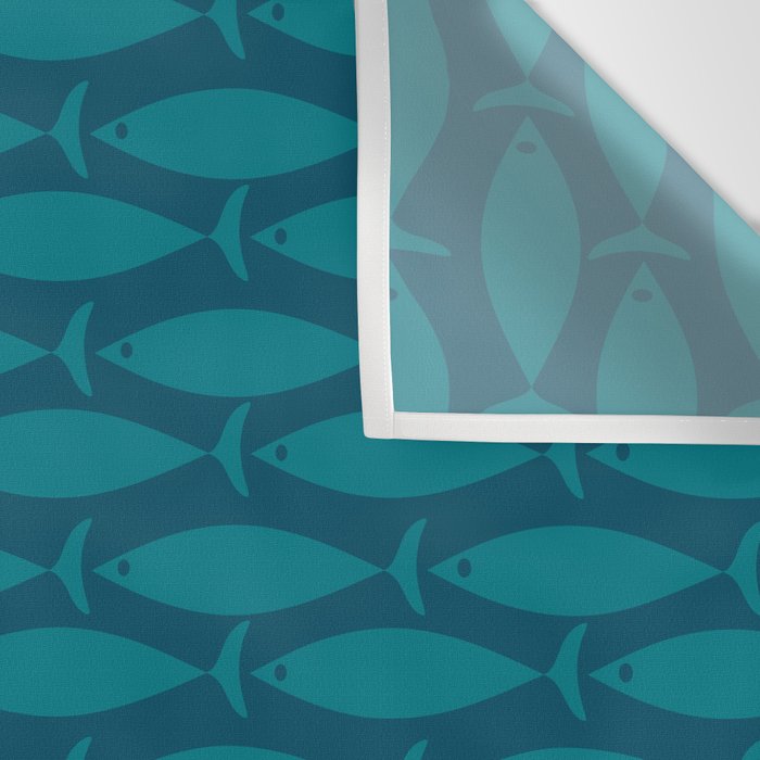 Mid Century Modern Fish Minimalist Geo Pattern in Teal Blue Wall Tapestry Gallery Image 3