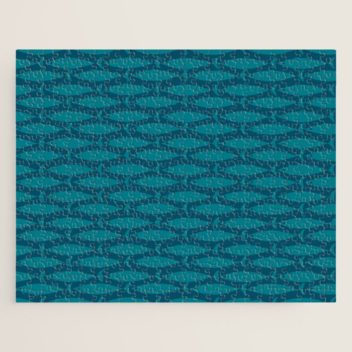 Mid Century Modern Fish Minimalist Geo Pattern in Teal Blue Jigsaw Puzzle Gallery Image 1