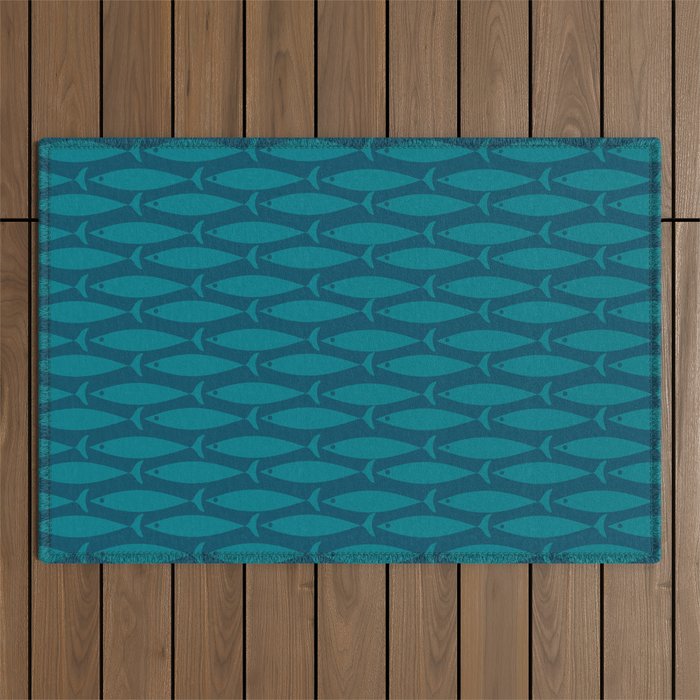 Mid Century Modern Fish Minimalist Geo Pattern in Teal Blue Outdoor Rug Gallery Image 1
