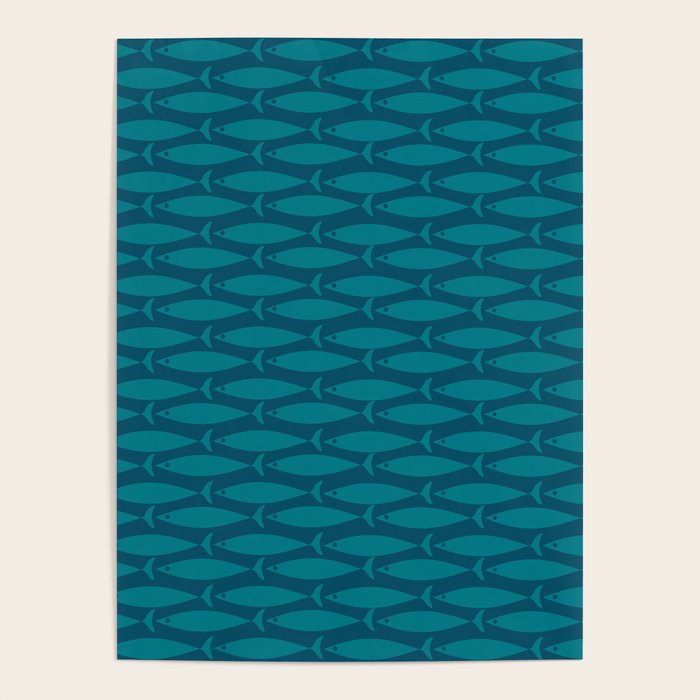 Mid Century Modern Fish Minimalist Geo Pattern in Teal Blue Poster Gallery Image 1