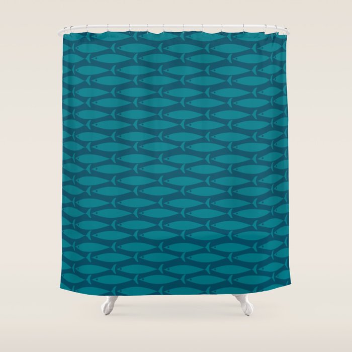 Mid Century Modern Fish Minimalist Geo Pattern in Teal Blue Shower Curtain Gallery Image 1
