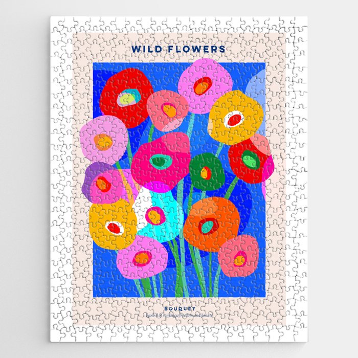 Minimal Matisse Floral Bouquet Poster on Azure Blue Jigsaw Puzzle Gallery Image 1