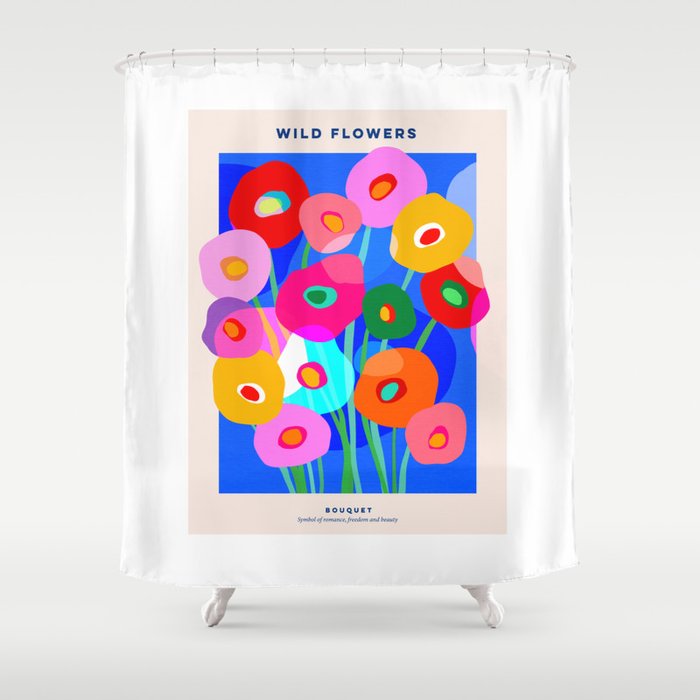Minimal Matisse Floral Bouquet Poster on Azure Blue Shower Curtain Gallery Image 1