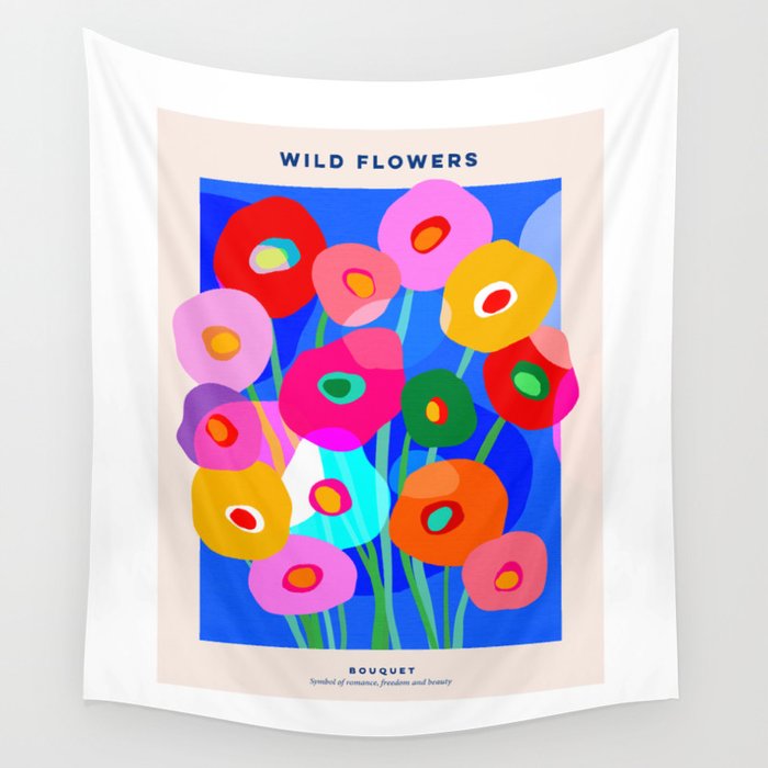 Minimal Matisse Floral Bouquet Poster on Azure Blue Wall Tapestry Gallery Image 4