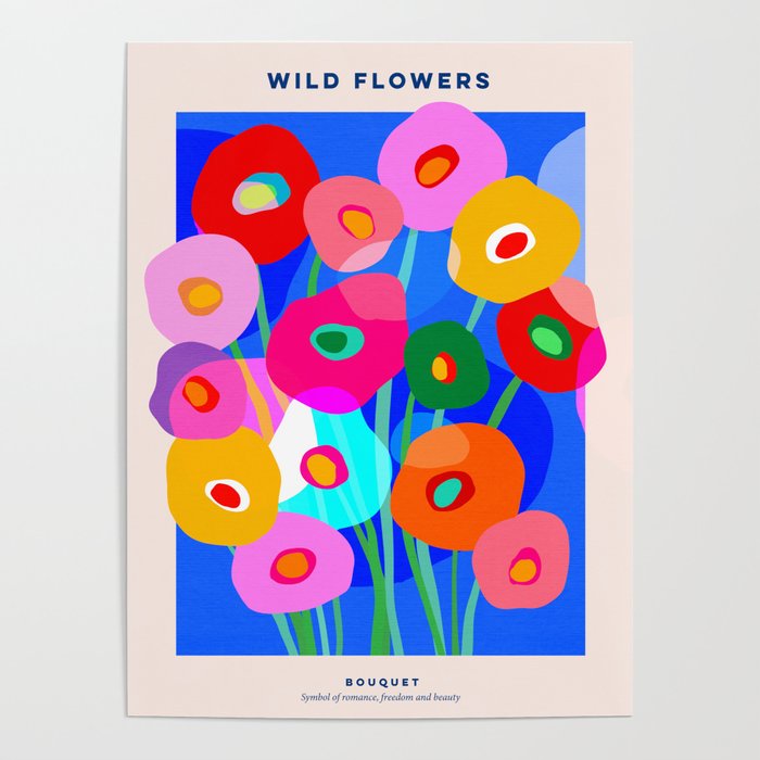 Minimal Matisse Floral Bouquet Poster on Azure Blue Poster Gallery Image 1