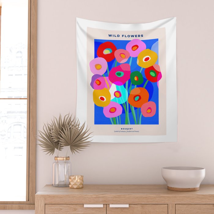 Minimal Matisse Floral Bouquet Poster on Azure Blue Wall Tapestry Gallery Image 2