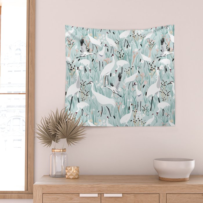 Whooping cranes comeback species light blue  Wall Tapestry Gallery Image 2