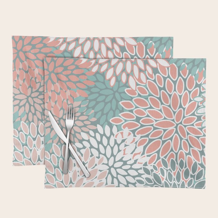 Festive, Floral Prints, Teal and Coral Placemat Gallery Image 1