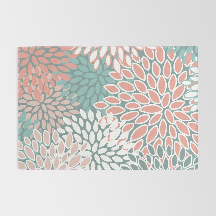 Festive, Floral Prints, Teal and Coral Rug Gallery Image 2