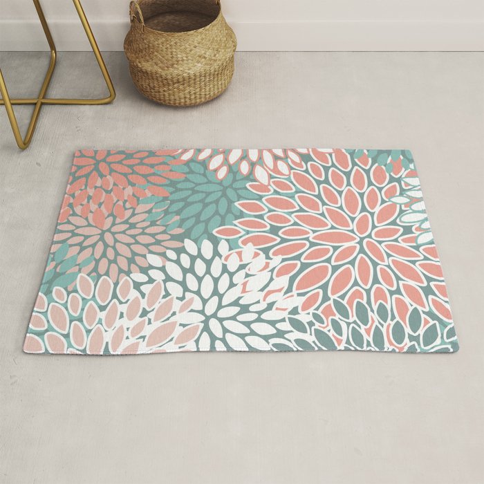 Festive, Floral Prints, Teal and Coral Rug Gallery Image 1