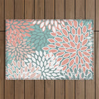 Festive, Floral Prints, Teal and Coral Outdoor Rug Gallery Image 1