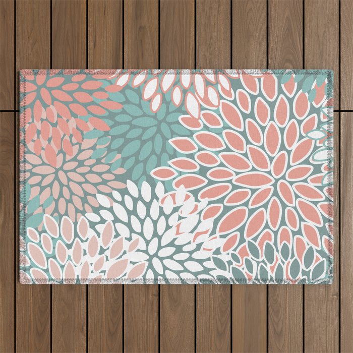 Festive, Floral Prints, Teal and Coral Outdoor Rug Gallery Image 1