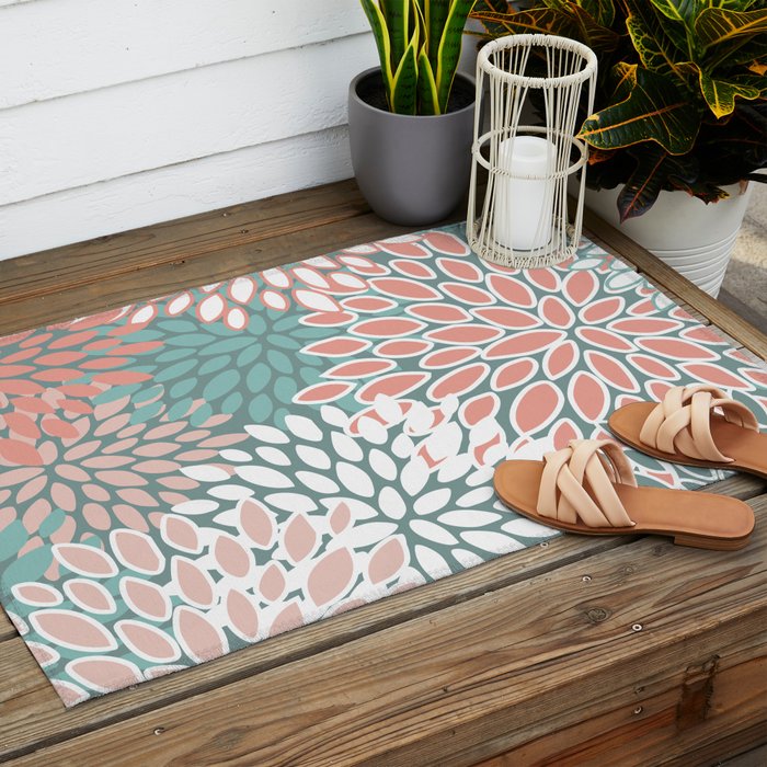 Festive, Floral Prints, Teal and Coral Outdoor Rug Gallery Image 2