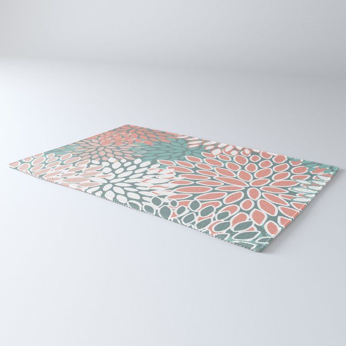Festive, Floral Prints, Teal and Coral Rug Gallery Image 3