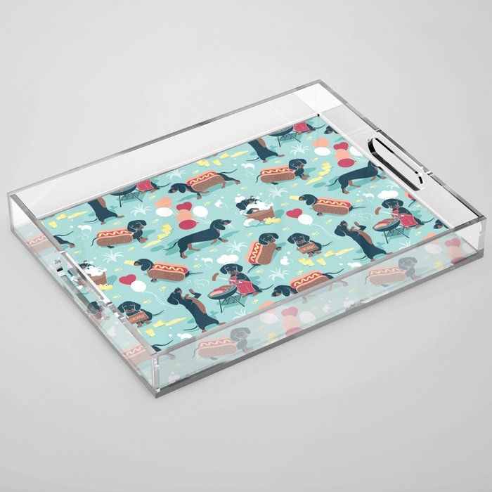 Hot dogs and lemonade // aqua background navy dachshunds Acrylic Tray Gallery Image 1