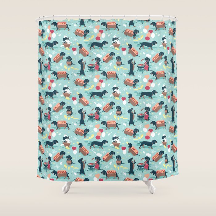 Hot dogs and lemonade // aqua background navy dachshunds Shower Curtain Gallery Image 1