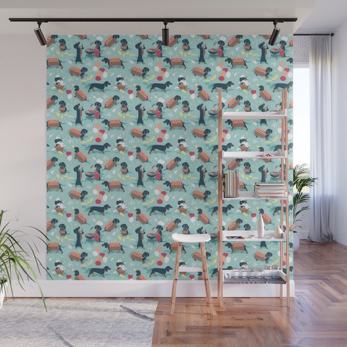 Hot dogs and lemonade // aqua background navy dachshunds Wall Mural Gallery Image 1
