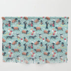 Hot dogs and lemonade // aqua background navy dachshunds Wall Hanging Gallery Image 1