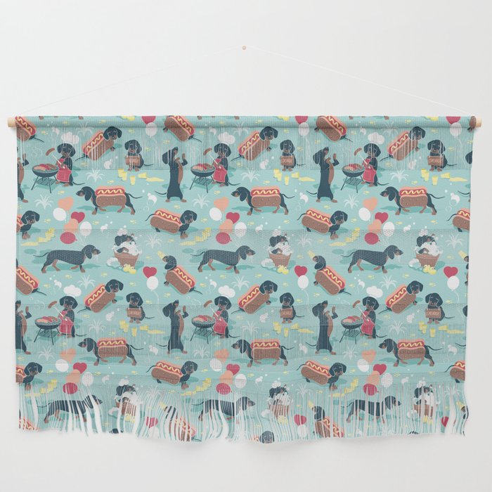 Hot dogs and lemonade // aqua background navy dachshunds Wall Hanging Gallery Image 1