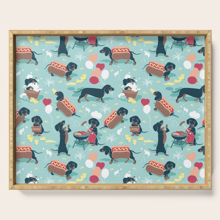 Hot dogs and lemonade // aqua background navy dachshunds Serving Tray Gallery Image 1