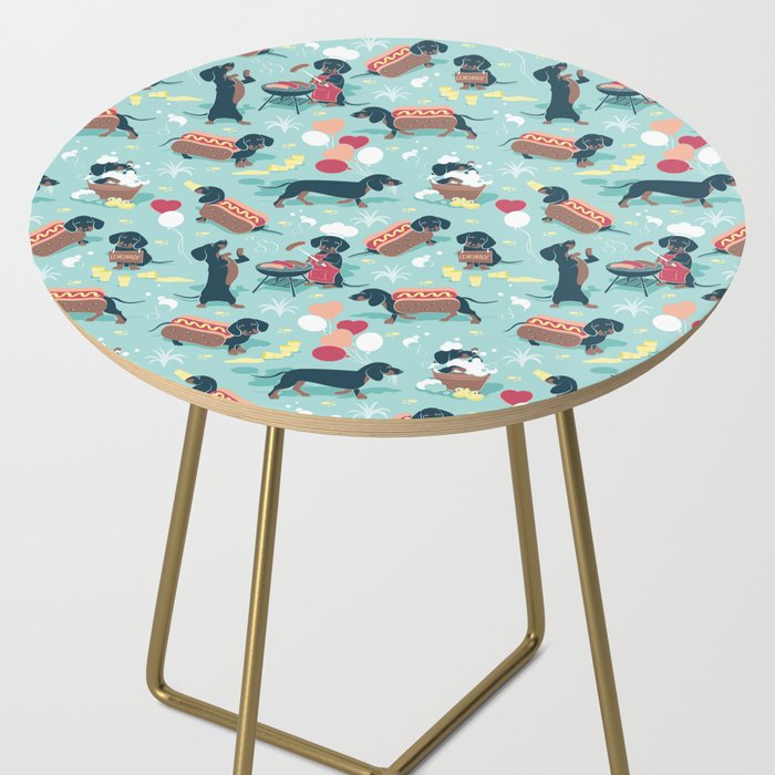 Hot dogs and lemonade // aqua background navy dachshunds Side Table Gallery Image 2